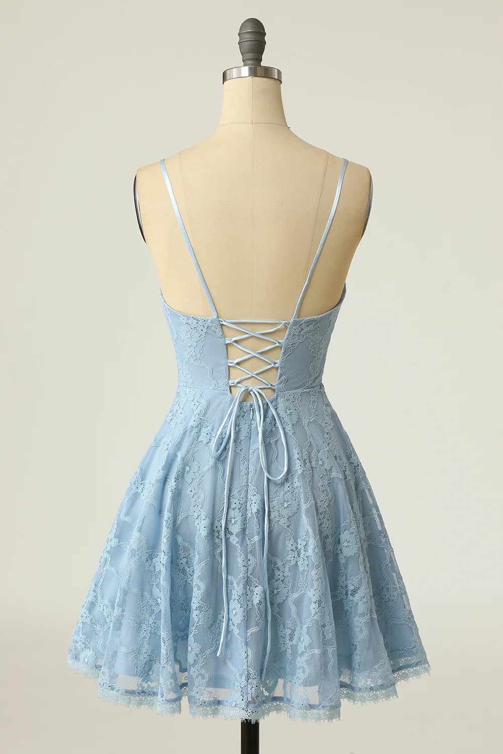DingJiDress Spaghetti Straps Lace Blue Homecoming Dress