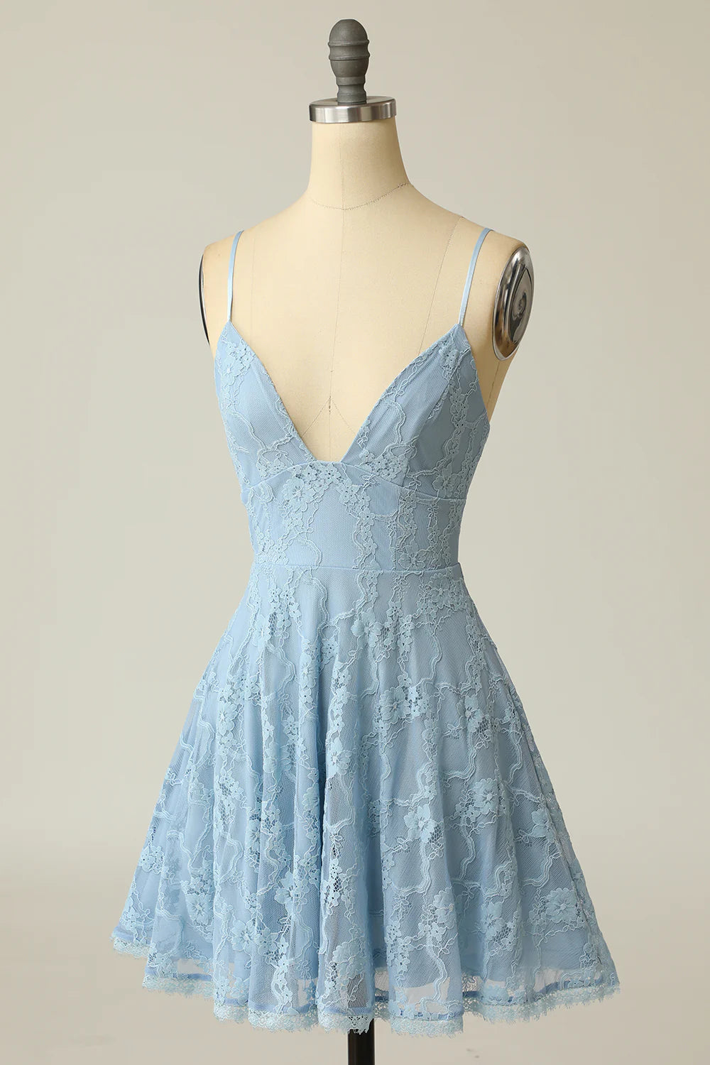 DingJiDress Spaghetti Straps Lace Blue Homecoming Dress