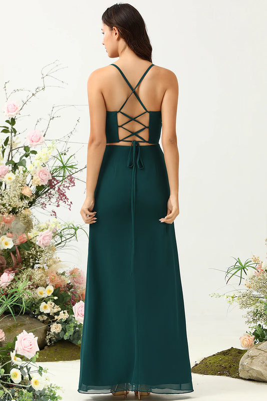 DingJiDress Fashion Pine A Line Spaghetti Straps Chiffon Bridesmaid Dress with Open Back