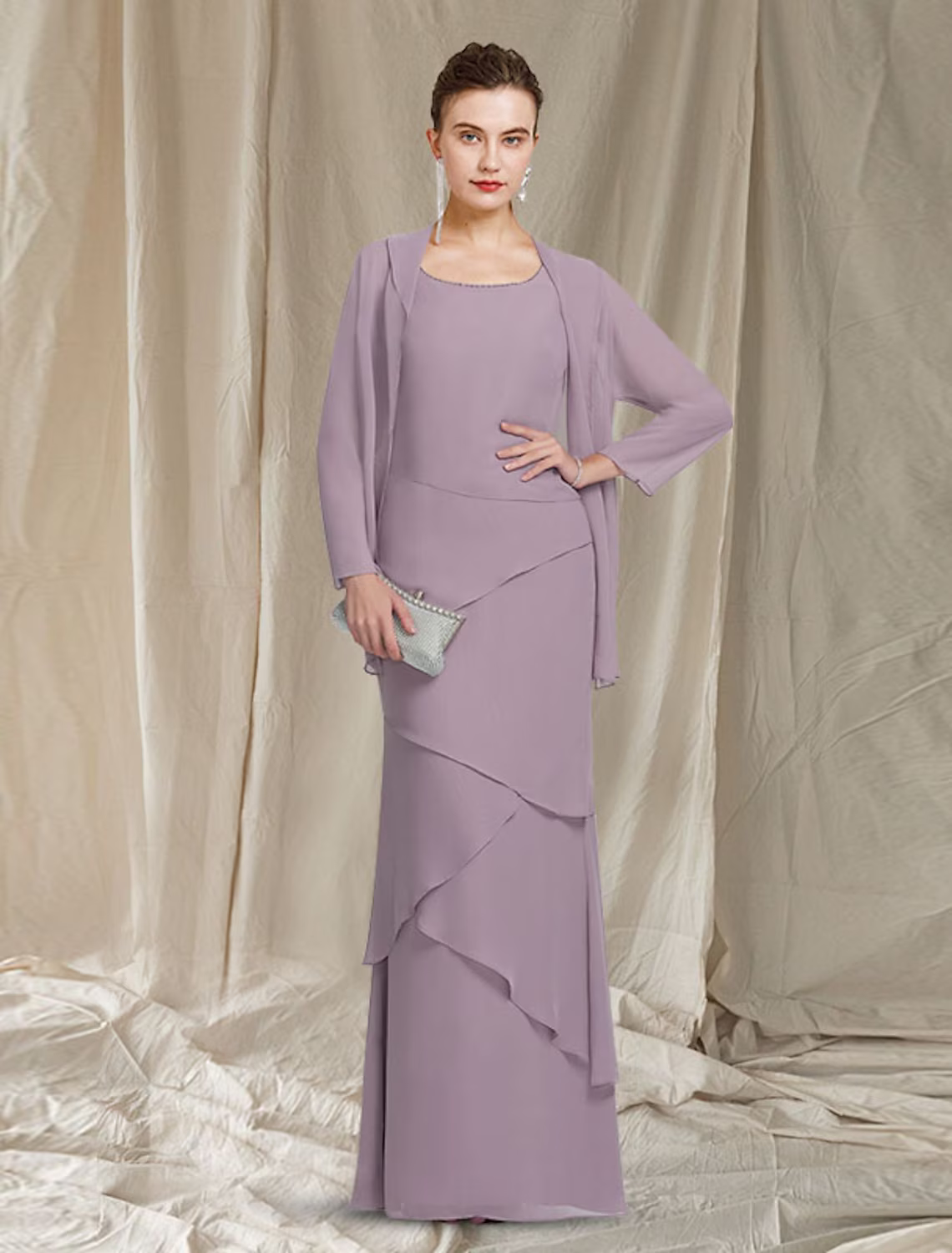 Two Piece Mother of the Bride Dress Elegant Scoop Neck Floor Length Chiffon Sleeveless Wrap Included with Beading Cascading Ruffles
