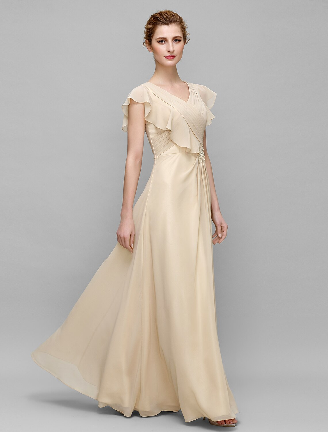 Mother of the Bride Dress Plus Size Elegant V Neck Floor Length Chiffon Sleeveless with Criss Cross Appliques
