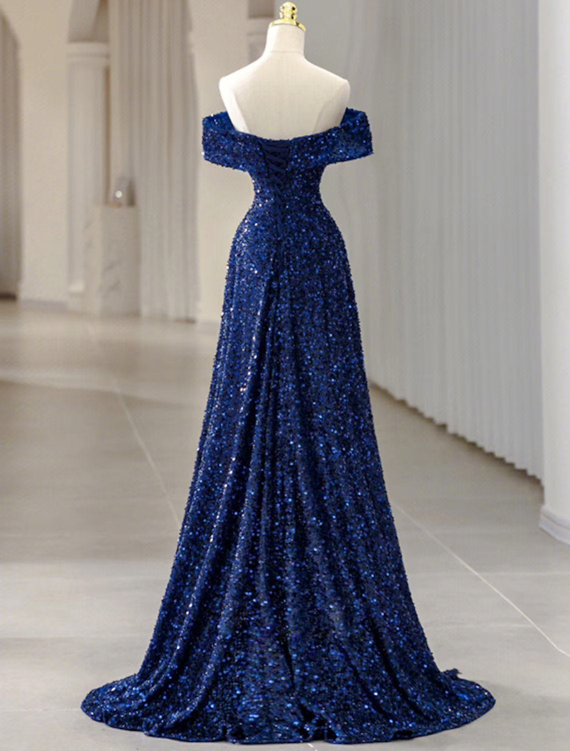 A-Line Evening Gown Sparkle Shine Dress Formal Sleeveless Off Shoulder Sequined with Glitter