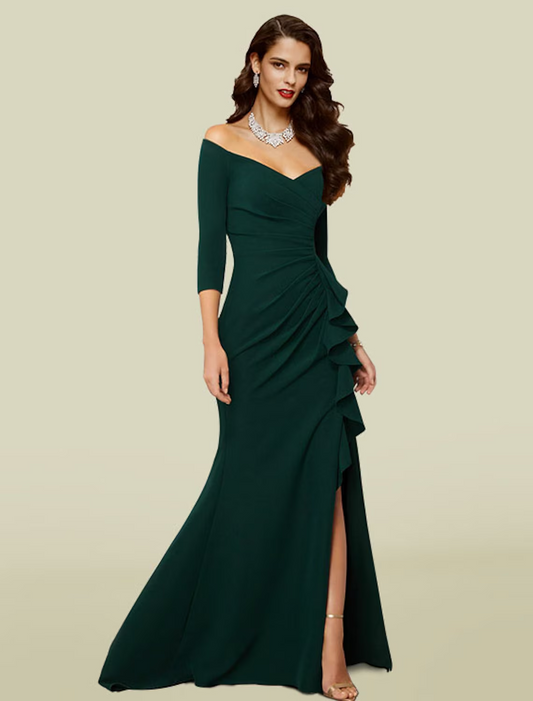 Mother of the Bride Dress Elegant Sexy Off Shoulder V Neck Court Train Stretch Fabric 3/4 Length Sleeve with Draping Split Front