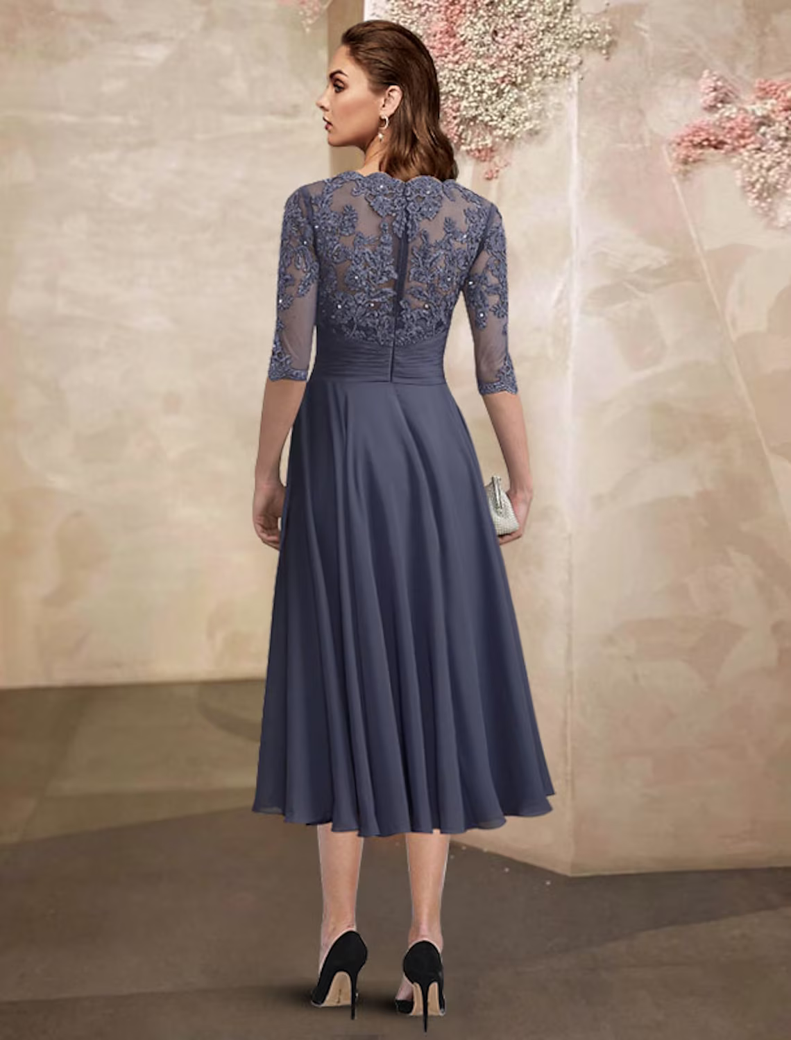 A-Line Mother of the Bride Dress Plus Size Elegant Tea Length Chiffon Lace Half Sleeve with Ruched Beading Appliques