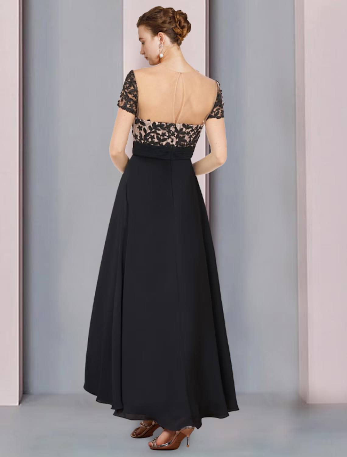 Mother of the Bride Dress Wedding Guest Vintage Elegant Scoop Neck Asymmetrical Chiffon Short Sleeve with Lace Pleats