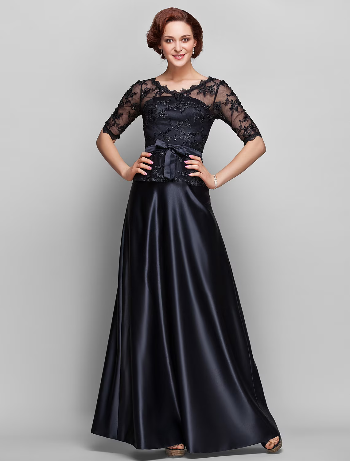 A-Line Mother of the Bride Dress V Neck Floor Length Satin Lace Half Sleeve with Lace Bow(s) Beading