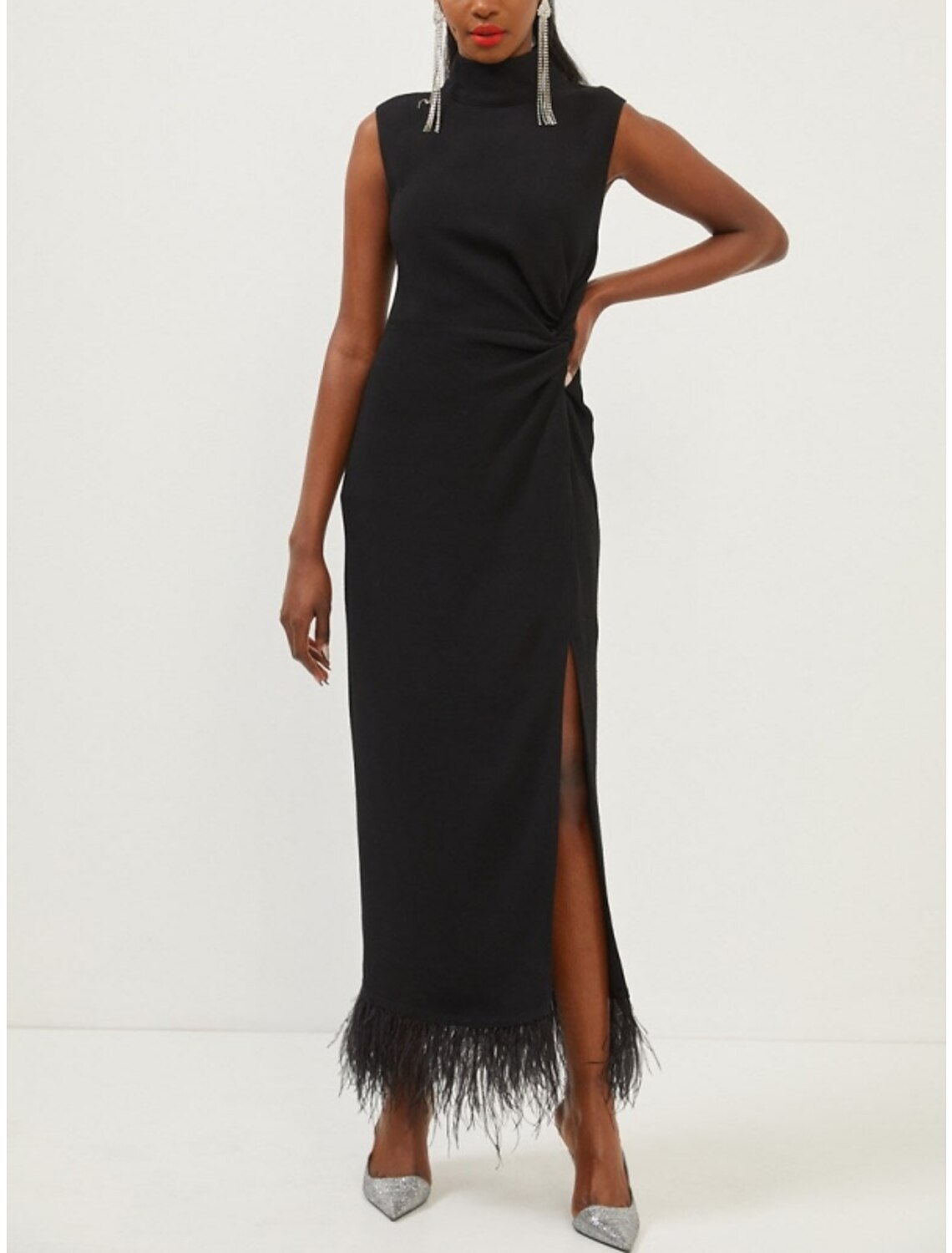 Sheath / Column Evening Gown Black Dress Elegant Dress Formal Ankle Length Sleeveless High Neck Stretch Fabric with Feather Slit