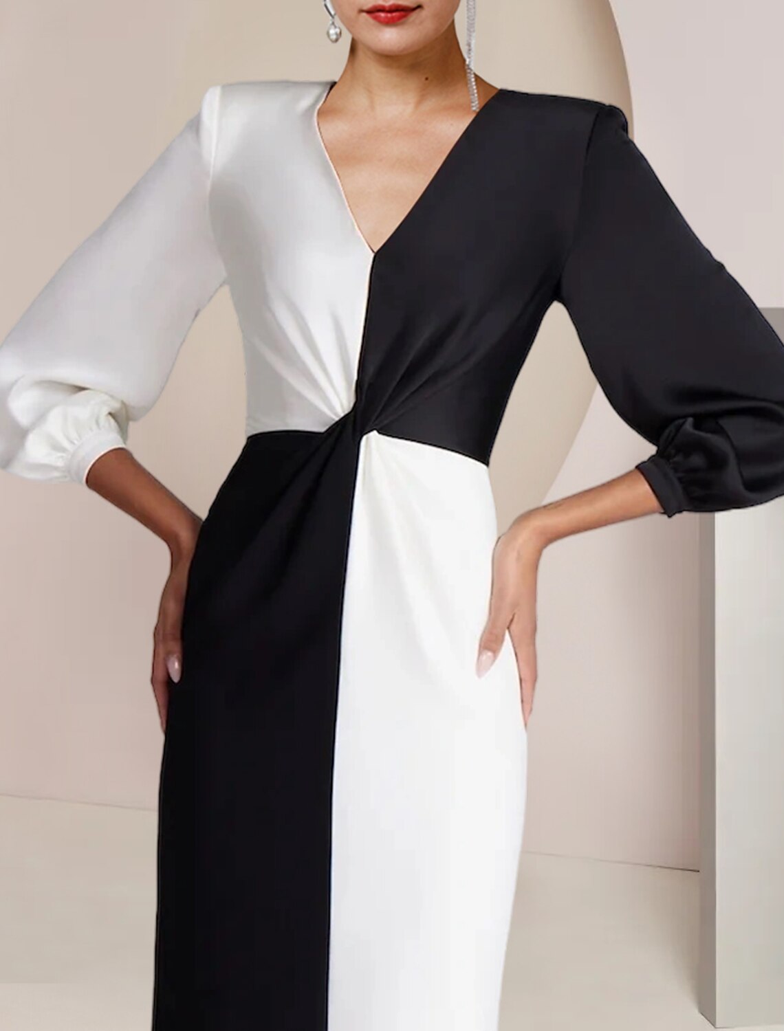 Sheath / Column Mother of the Bride Dress Formal Wedding Guest Party Elegant V Neck Floor Length Stretch Satin 3/4 Length Sleeve