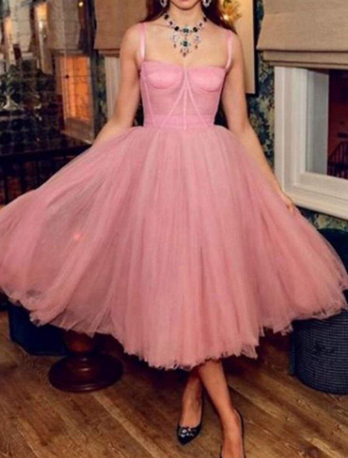 A-Line Celebrity Style Vintage Engagement Prom Dress Spaghetti Strap Sleeveless Tea Length Tulle with Pleats