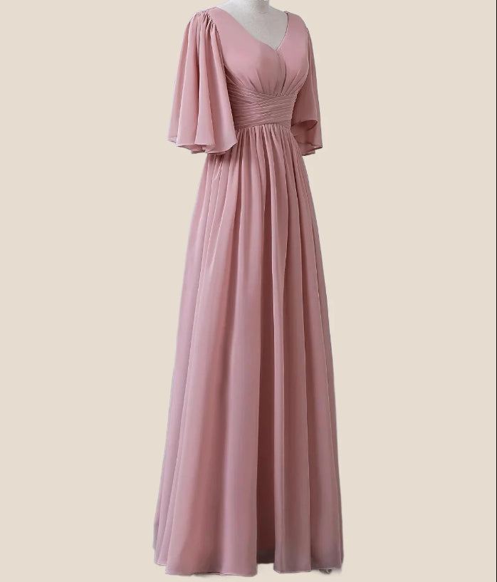A-Line Bridesmaid Dress V Neck Half Sleeve Elegant Floor Length Chiffon with Pleats / Ruffles