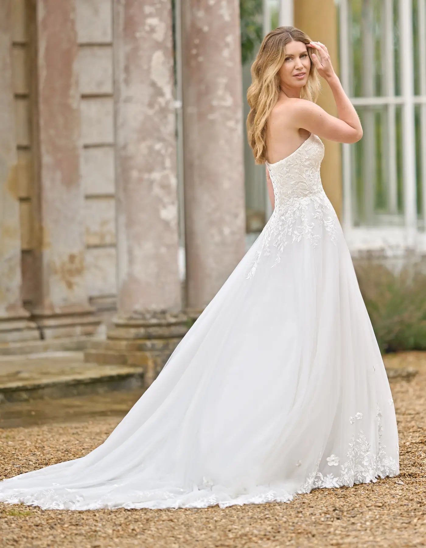 a strapless a-line with floral lace