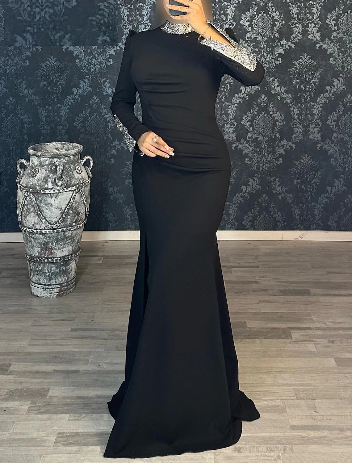 Mermaid Black Dress Plus Size Evening Gown Glittering Dress Formal Wedding Guest Floor Length Long Sleeve High Neck Stretch Fabric with Sequin