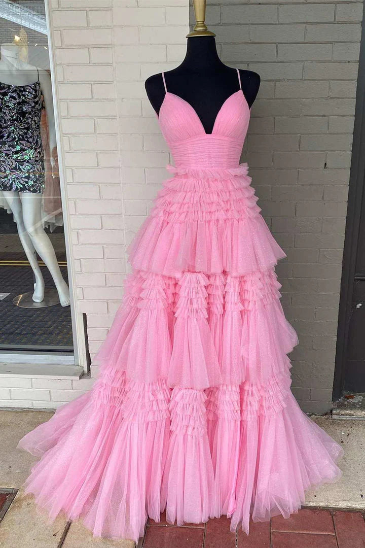 DingJiDress Evening Dresses Elegant A Line Tulle Layered Deep V Neck Prom Dresses High Slit Black