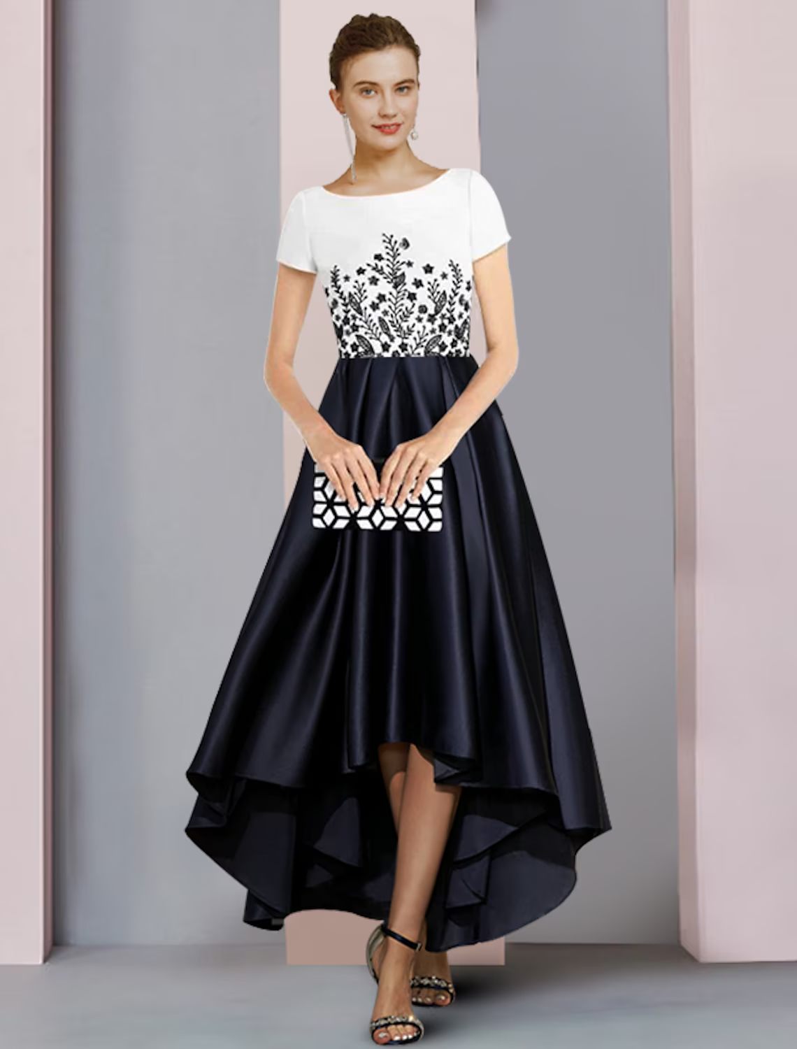 Mother of the Bride Dress Formal Party Elegant Scoop Neck Asymmetrical Satin Short Sleeve with Pleats Appliques