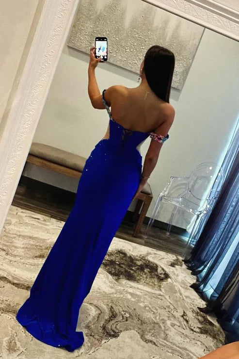 DingJiDress Royal Blue Off the Shoulder Evening Dress Beaded Long Prom Dresses