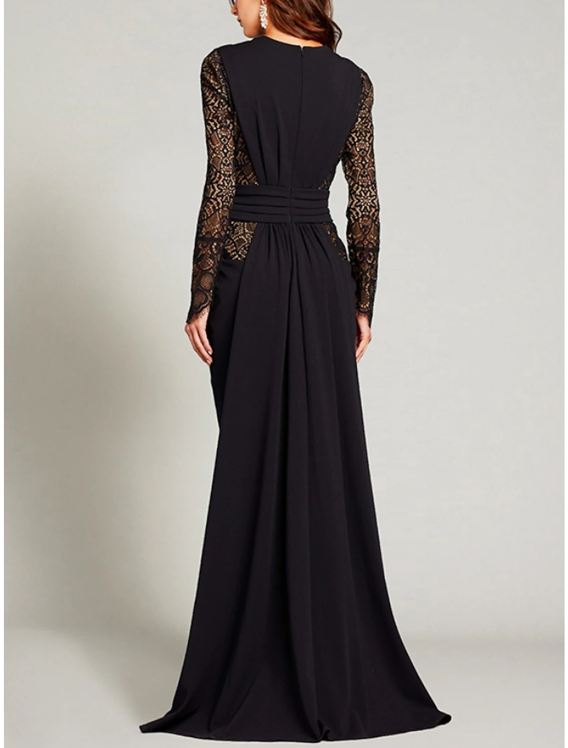 A-Line Mother of the Bride Dress Wedding Guest Elegant V Neck Floor Length Stretch Chiffon Long Sleeve with Lace Split Front Ruching