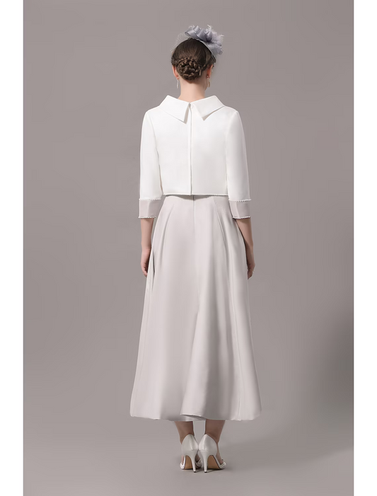 Two Piece Mother of the Bride Dress Church Elegant Ankle Length Stretch Satin Sleeve with Bow(s)