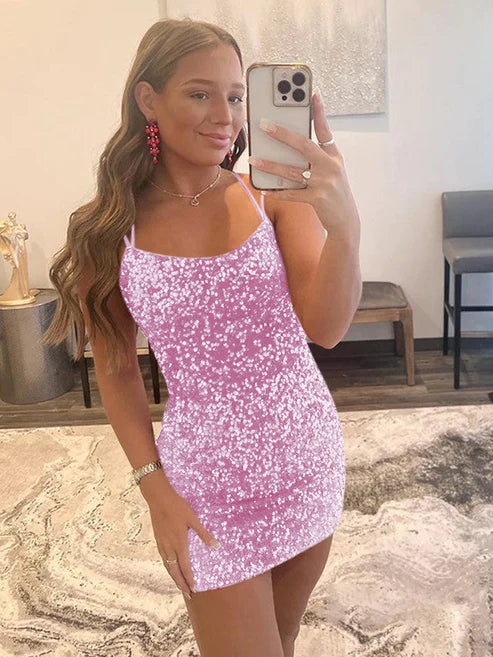 DingJiDress Spaghetti Straps Short Velvet Sequin Party Dress