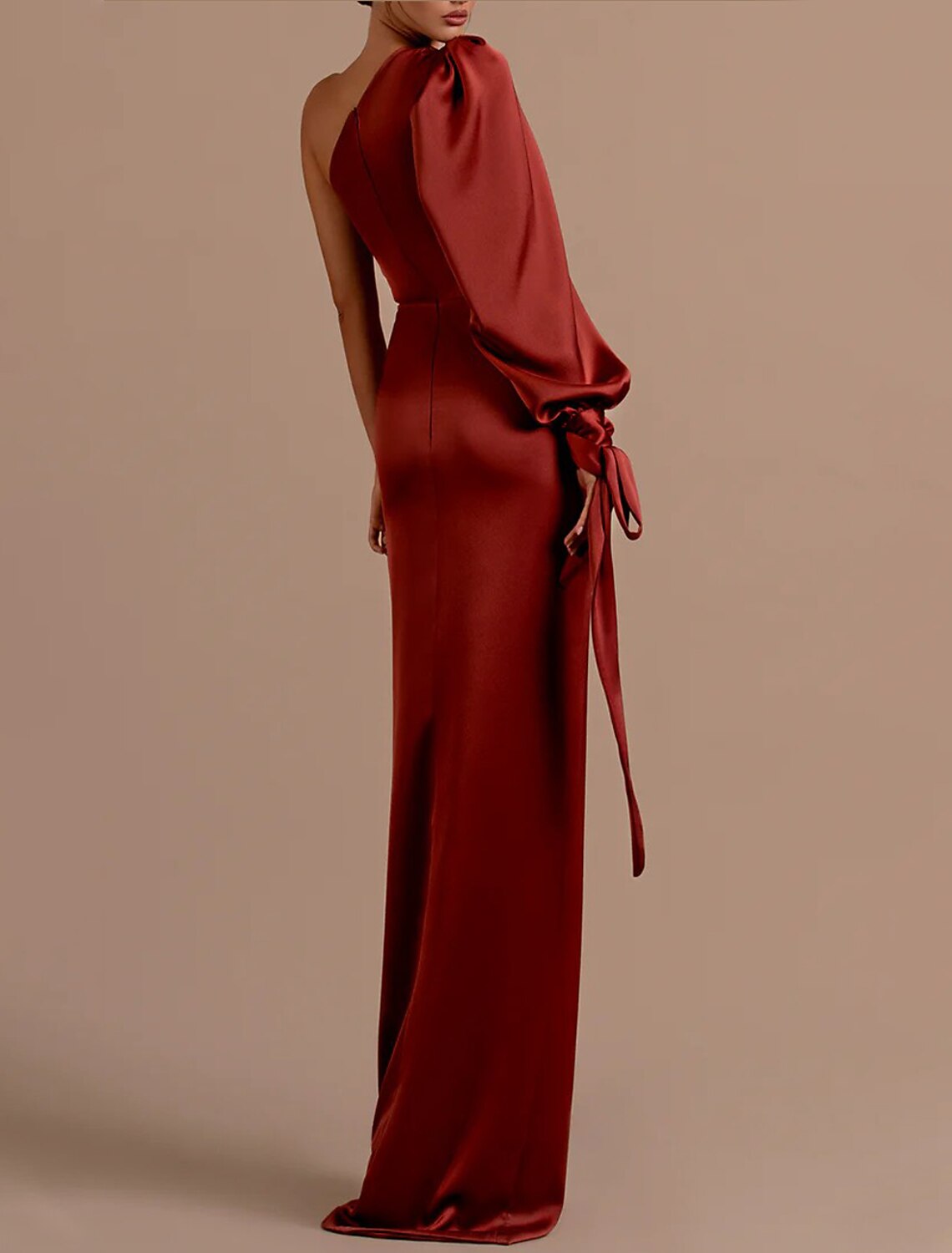 Mermaid / Trumpet Evening Gown High Split Dress Christmas Prom Sweep / Brush Train Long Sleeve One Shoulder Satin with Ruched