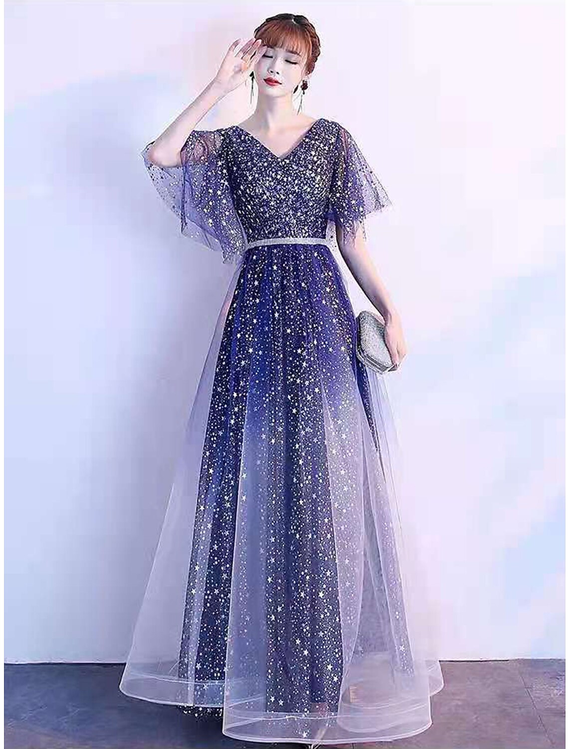 A-Line Ombre Prom Birthday Dress V Neck Short Sleeve Floor Length Tulle with Sash / Ribbon Crystals