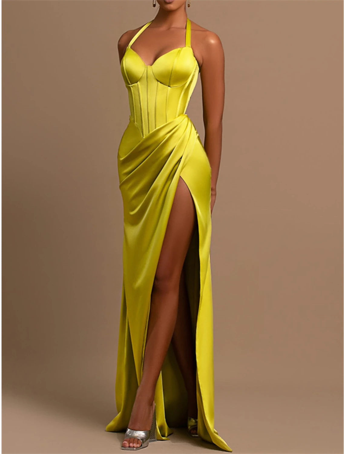 Mermaid / Trumpet Evening Gown Corsets Dress Formal Wedding Guest Floor Length Sleeveless Halter Neck Satin with Ruched