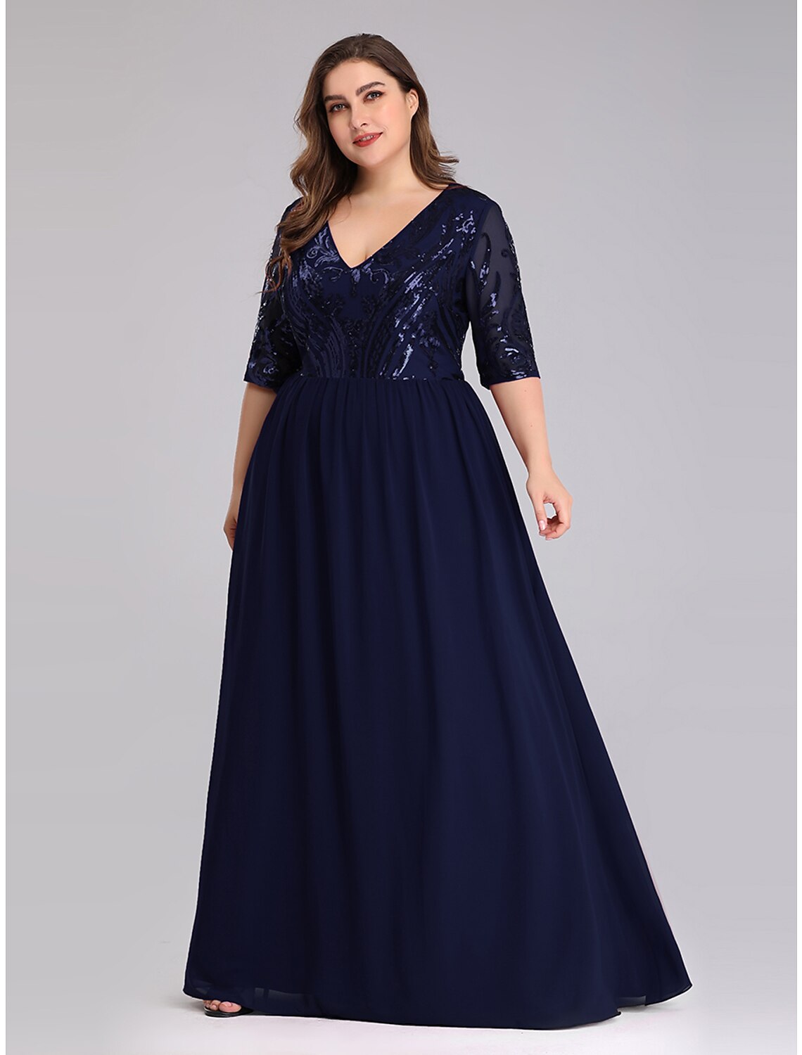 A-Line Prom Dresses Plus Size Dress Wedding Guest Floor Length Half Sleeve Plunging Neck Chiffon with
