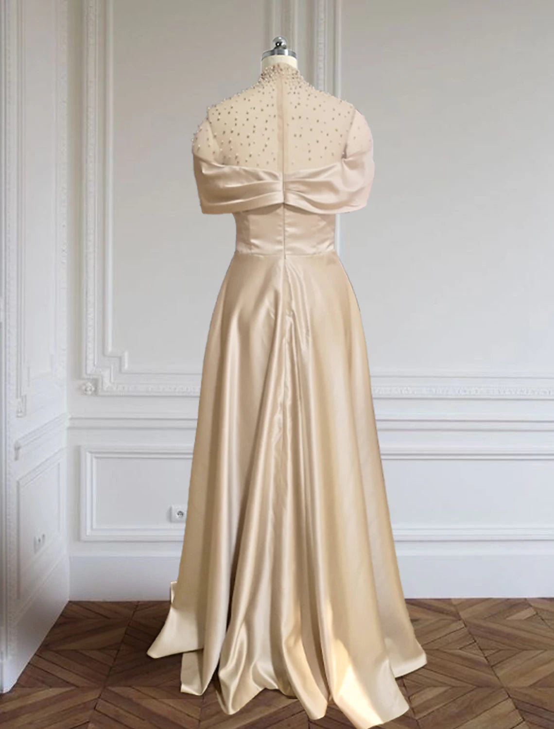 A-Line Evening Gown Elegant Dress Formal Christmas Red Green Dress Floor Length Short Sleeve Illusion Neck Satin with Ruched Beading