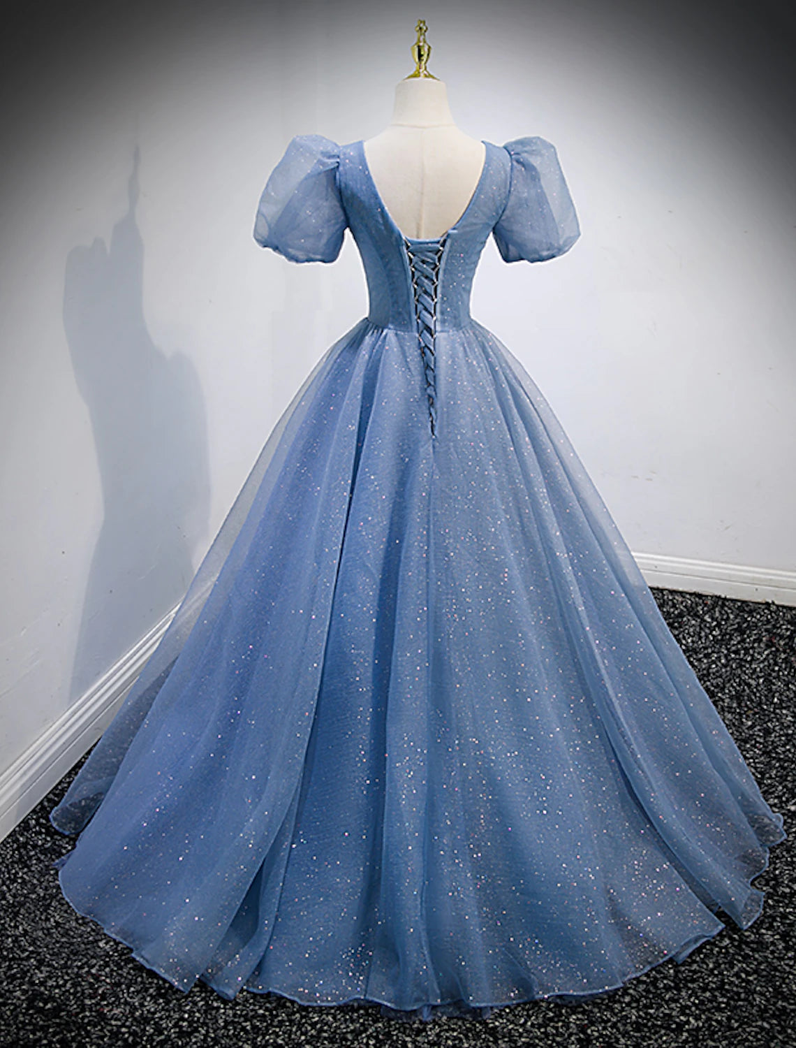 A-Line Prom Dresses Puffy Dress Quinceanera Floor Length Short Sleeve V Neck Tulle with Sequin