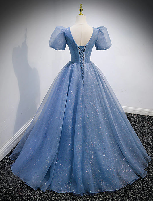 A-Line Prom Dresses Puffy Dress Quinceanera Floor Length Short Sleeve V Neck Tulle with Sequin