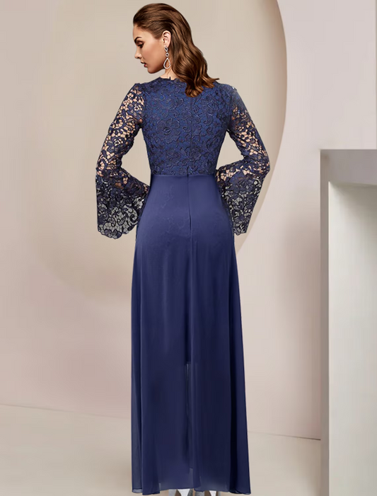 Two Piece Mother of the Bride Dress Formal Wedding Guest Elegant V Neck Knee Length Chiffon Lace Long Sleeve with Appliques