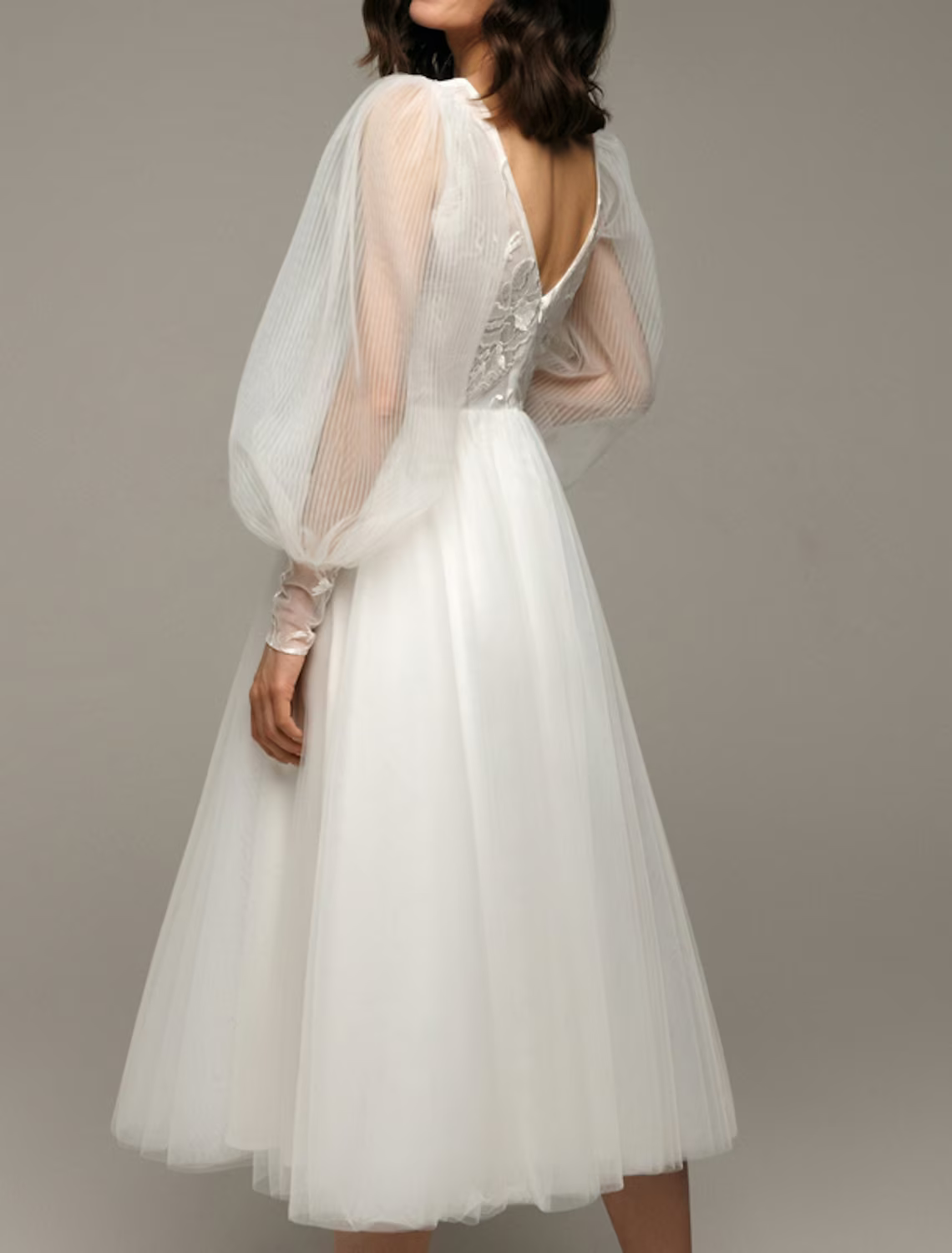 Vintage Little White Dresses Wedding Dresses Tea Length A-Line Long Sleeve V Neck Satin With Applique