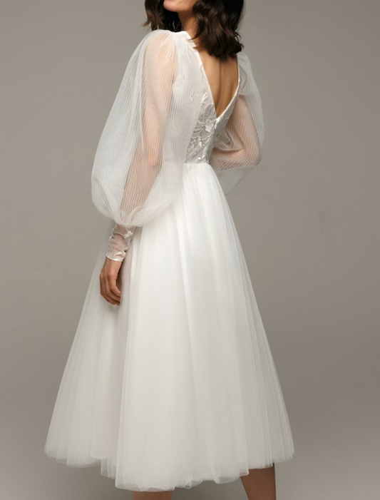 Vintage Little White Dresses Wedding Dresses Tea Length A-Line Long Sleeve V Neck Satin With Applique