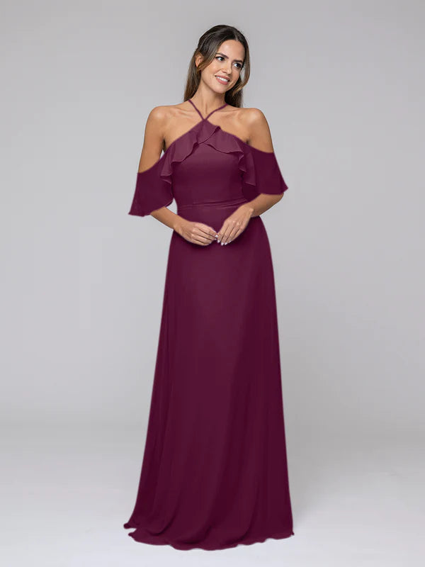 DingJiDress Halter Ruffles Off The Shoulder Chiffon Floor Length Bridesmaid Dresses
