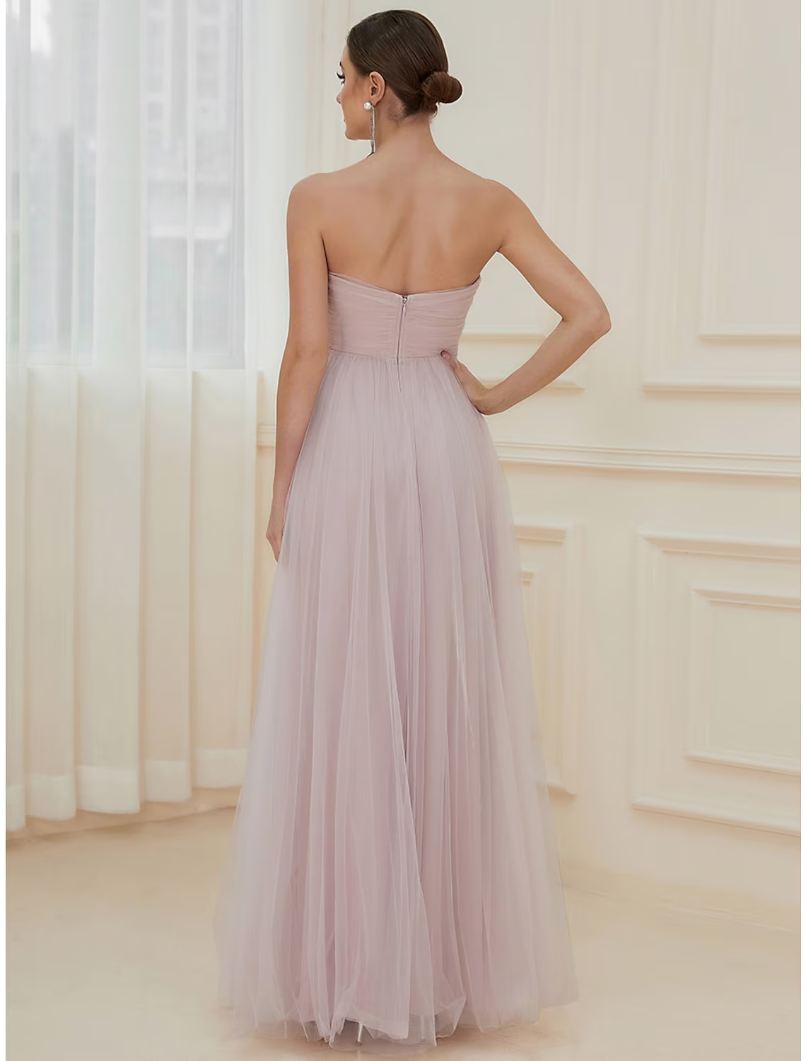 A-Line Evening Gown Elegant Dress Wedding Guest Floor Length Sleeveless Off Shoulder Tulle with Tiered