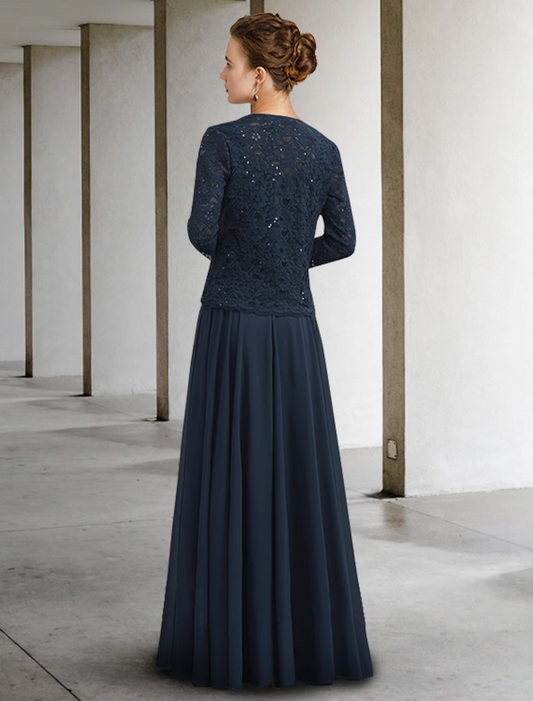 Two Piece A-Line Mother of the Bride Dress Elegant Floor Length Chiffon Lace Half Sleeve with Pleats
