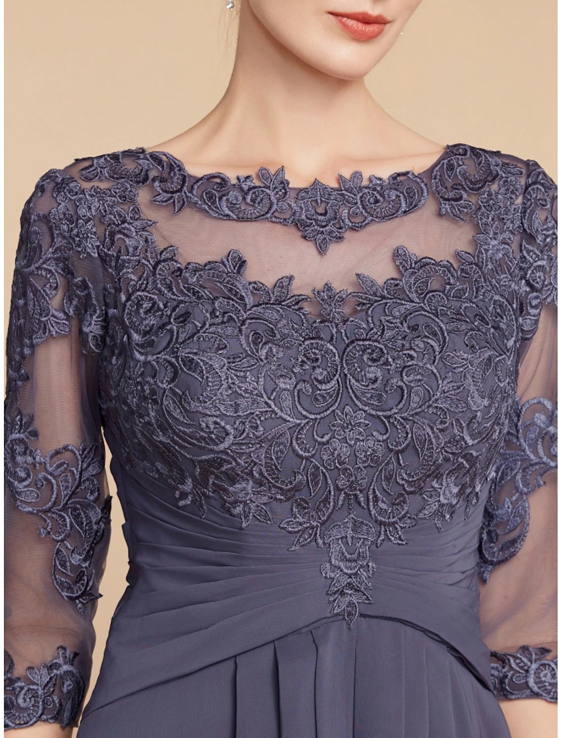 A-Line Mother of the Bride Dress Wedding Guest Elegant Scoop Neck Ankle Length Chiffon Lace 3/4 Length Sleeve with Ruching