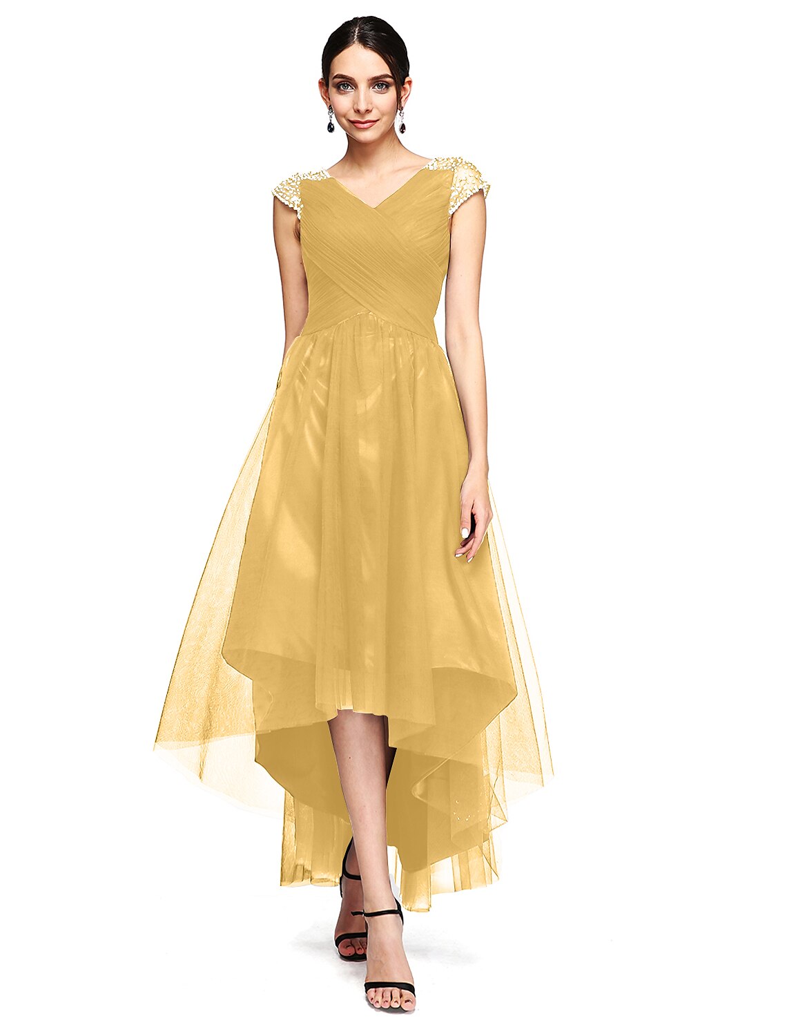 A-Line Special Occasion Dresses Open Back Dress Wedding Guest Asymmetrical Short Sleeve V Neck Tulle with Criss Cross Beading