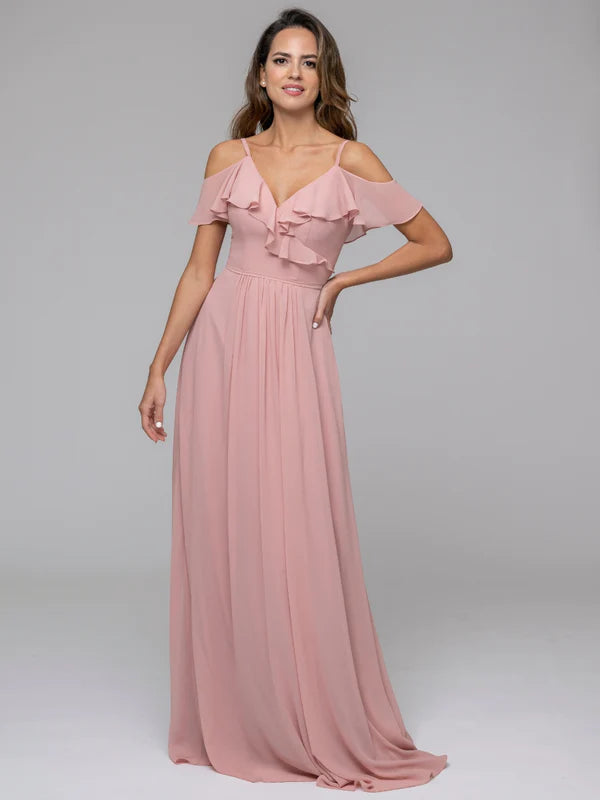 Cold Shoulder Open Back Chiffon Ruffles Long Bridesmaid Dresses