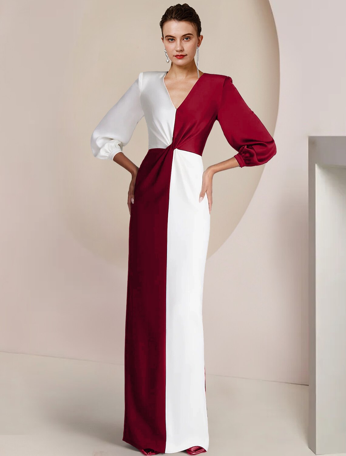 Sheath / Column Mother of the Bride Dress Formal Wedding Guest Party Elegant V Neck Floor Length Stretch Satin 3/4 Length Sleeve