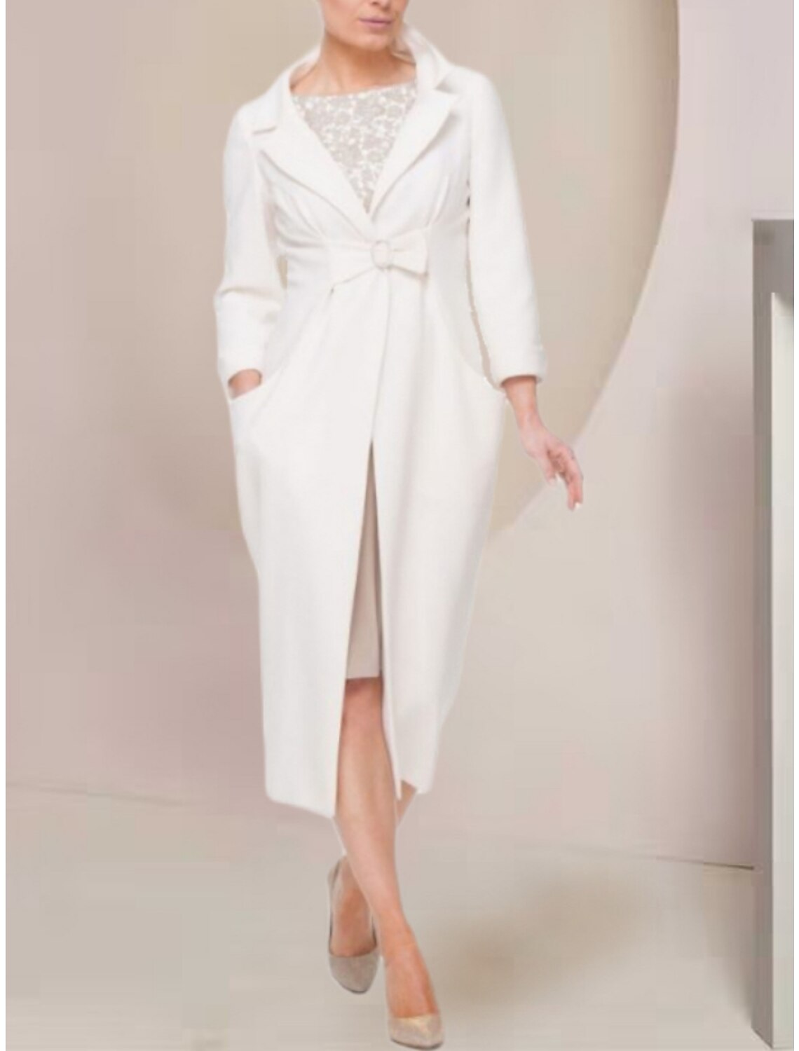 Two Piece Mother of the Bride Dress Wedding Guest Elegant Petite Scoop Neck Tea Length Stretch Chiffon Long Sleeve with Lace Bow(s)