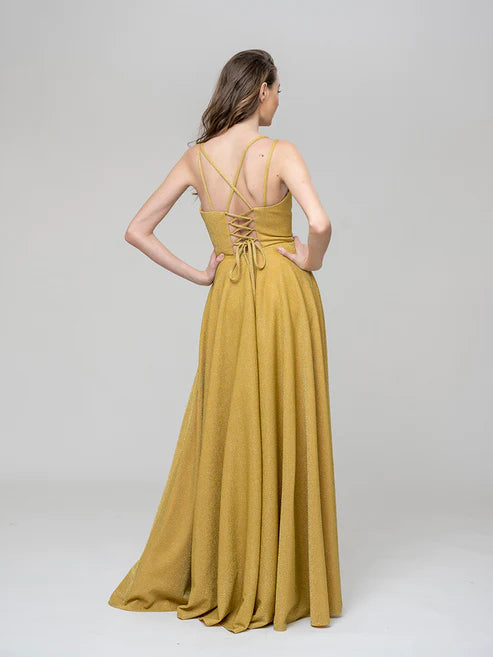 DingJiDress A Line Spaghetti Strap Metallic Glitter Floor Length Prom Dresses