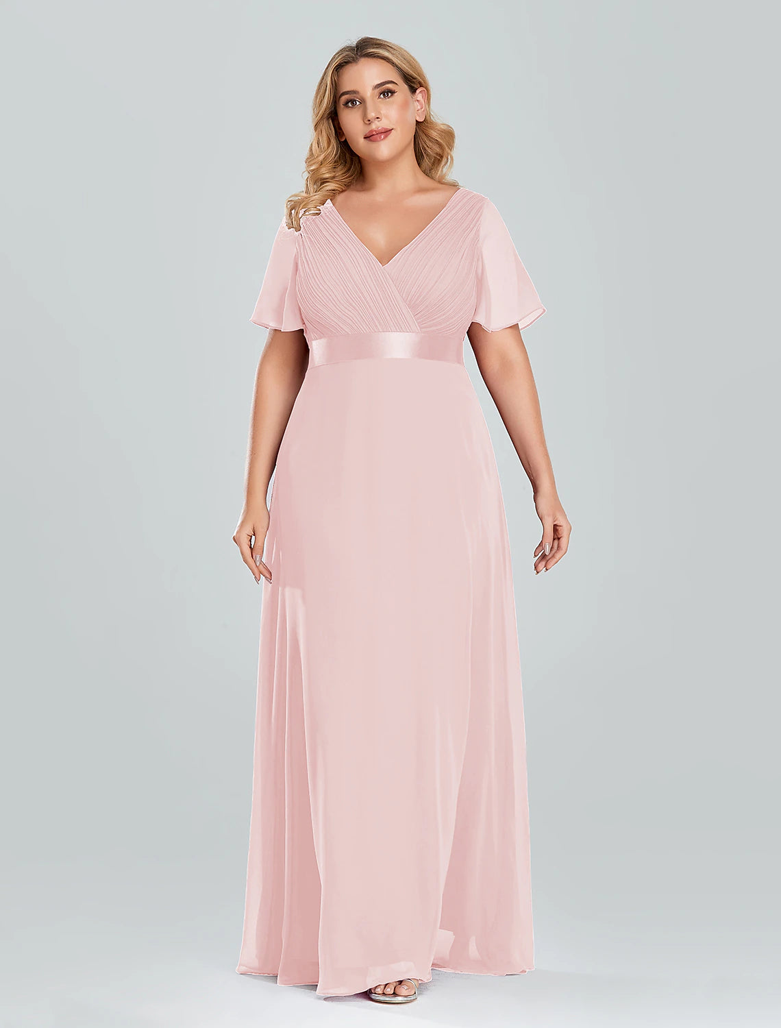 A-Line Prom Dresses Empire Dress Wedding Guest Floor Length Short Sleeve V Neck Chiffon with Pleats