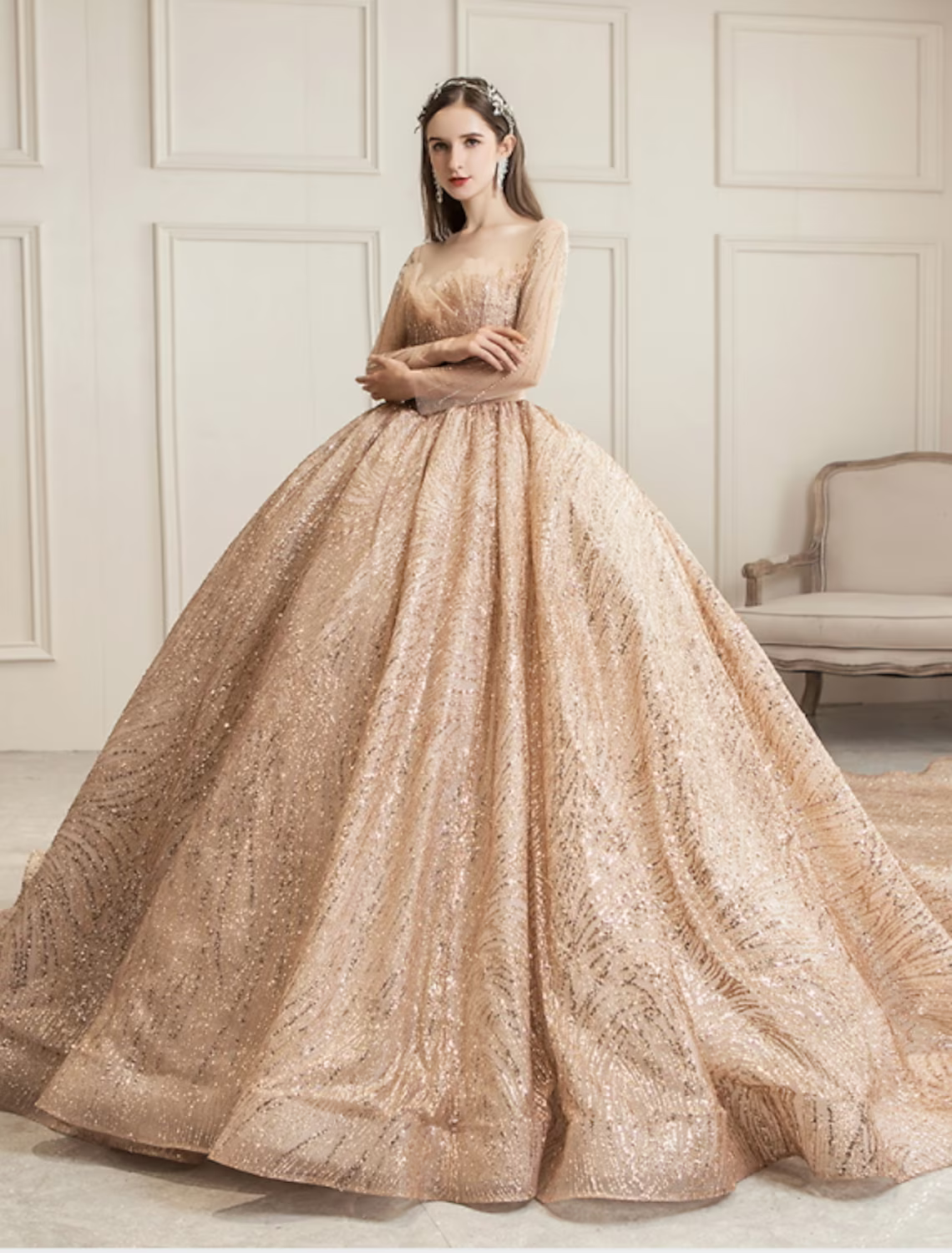 Engagement Wedding Dresses in Color Formal Wedding Dresses Chapel Train Princess Long Sleeve Jewel Neck Tulle With Ruched