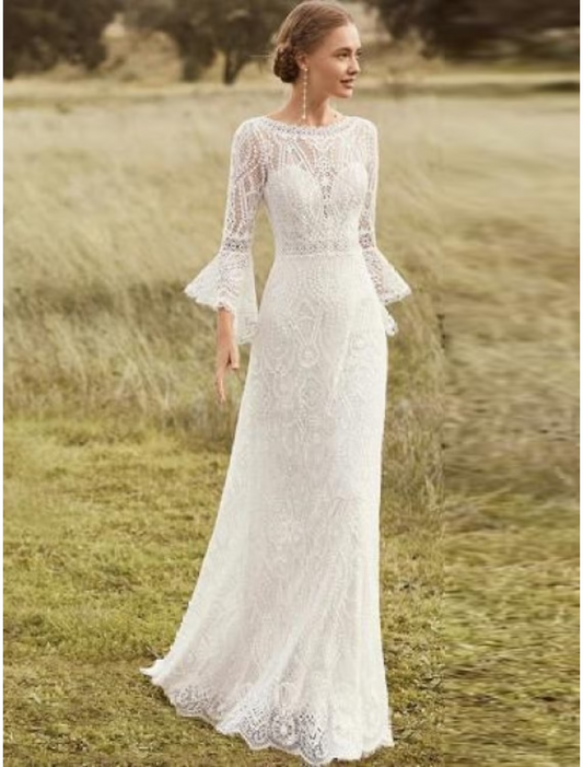 Beach Wedding Dresses Chapel Train A-Line Long Sleeve Jewel Neck Satin With