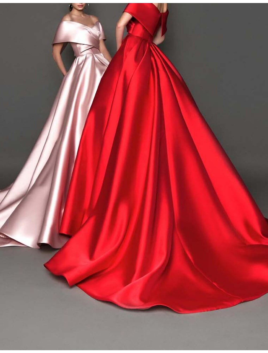 Ball Gown Celebrity Style Minimalist Princess Quinceanera Formal Evening Dress Off Shoulder Short Sleeve Court Train Satin with Pleats