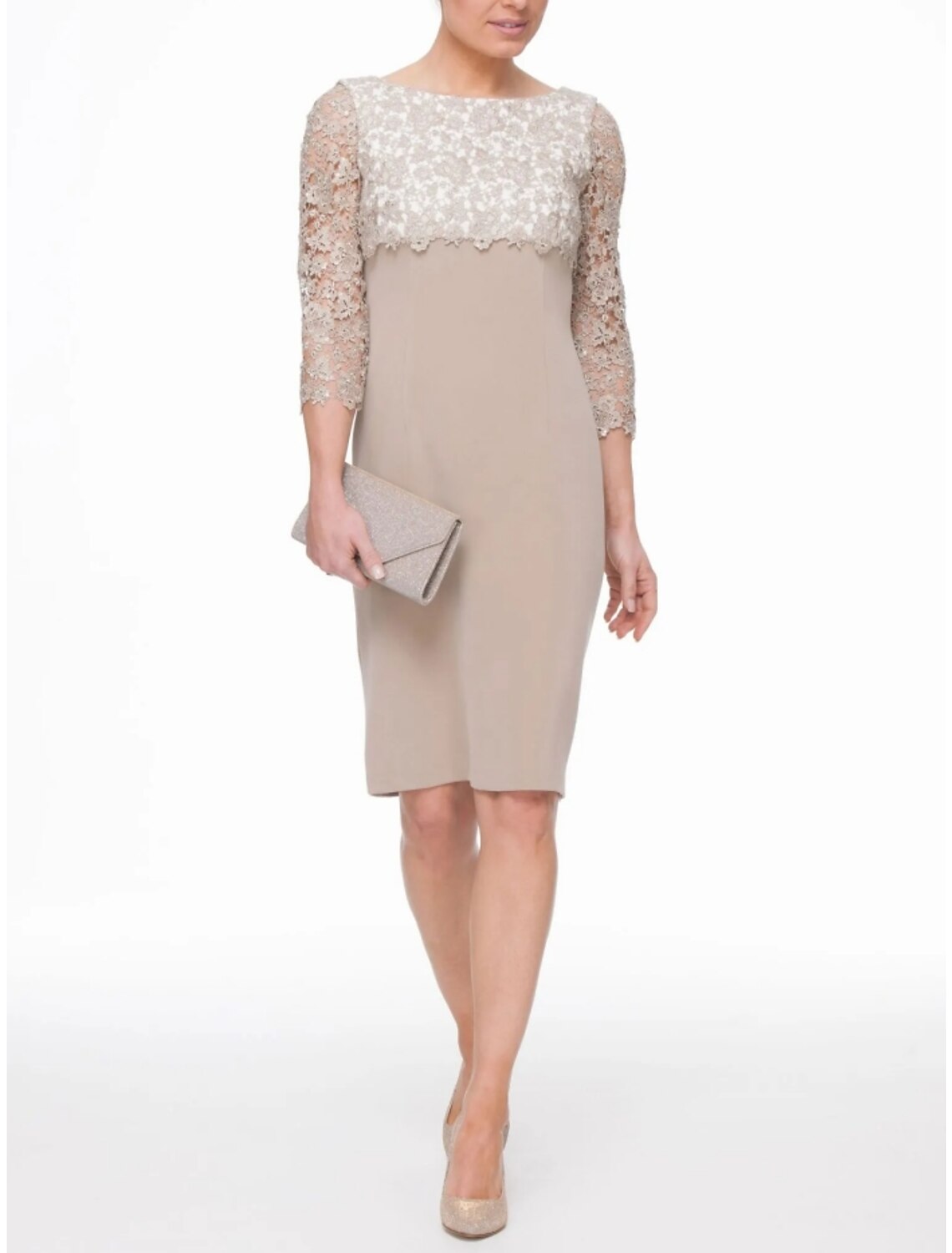 Two Piece Mother of the Bride Dress Wedding Guest Elegant Petite Scoop Neck Tea Length Stretch Chiffon Long Sleeve with Lace Bow(s)