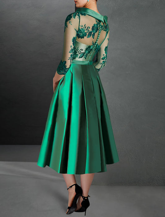 A-Line Cocktail Dresses Elegant Dress Formal Kentucky Derby Tea Length 3/4 Length Sleeve Jewel Neck Fall Wedding Guest Satin with Pleats Appliques
