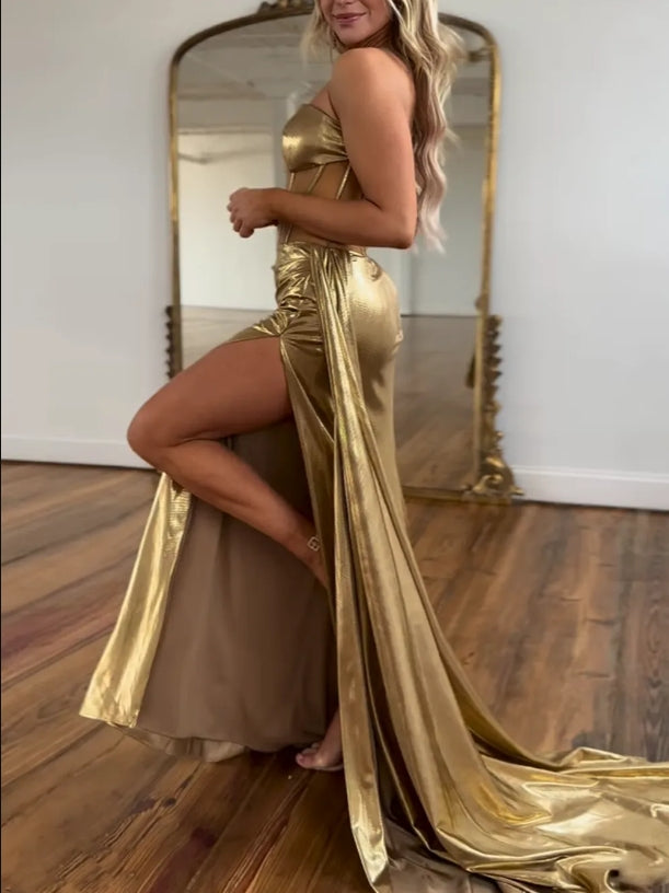 DingJiDress Strapless Metallic Ruched Mermaid Long Corset Side Fork Charming Sweep Train Prom Dress