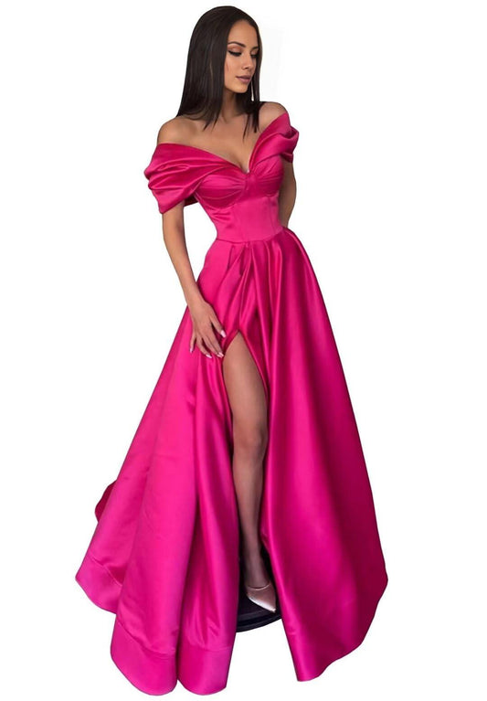 A-Line Evening Gown High Split Dress Black Dress Formal Carival Floor Length Short Sleeve Off Shoulder Satin with Pleats Slit