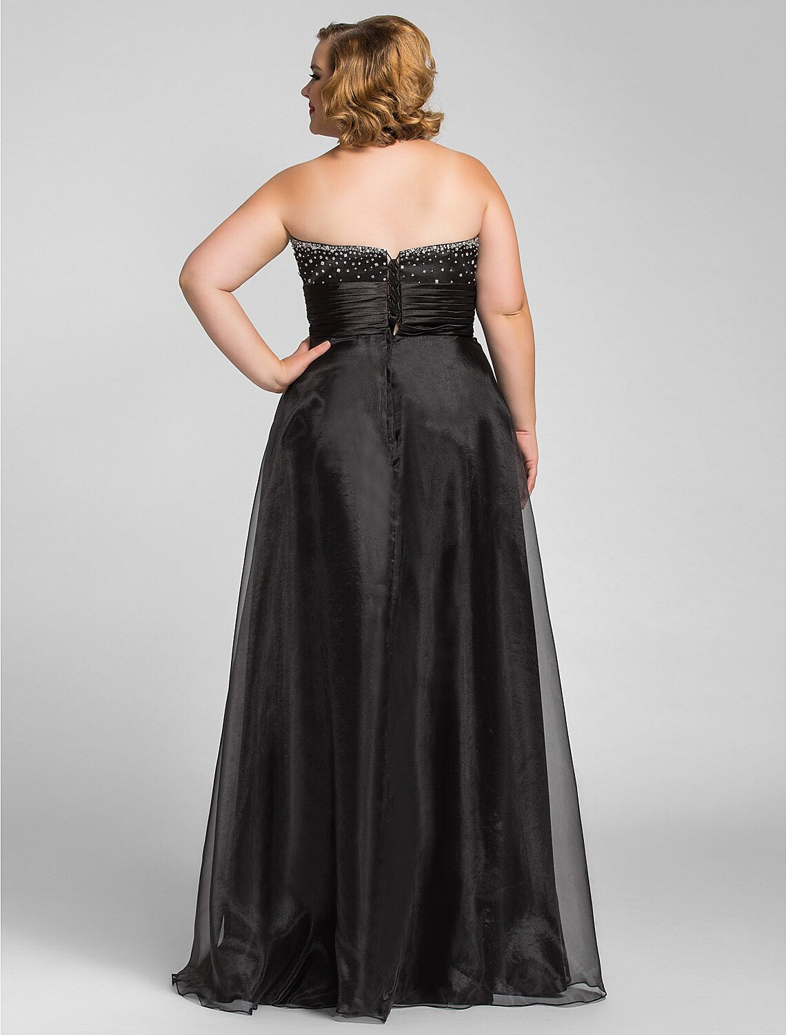 A-Line Little Black Dress Dress Prom Floor Length Sleeveless Sweetheart Organza with Ruched Beading